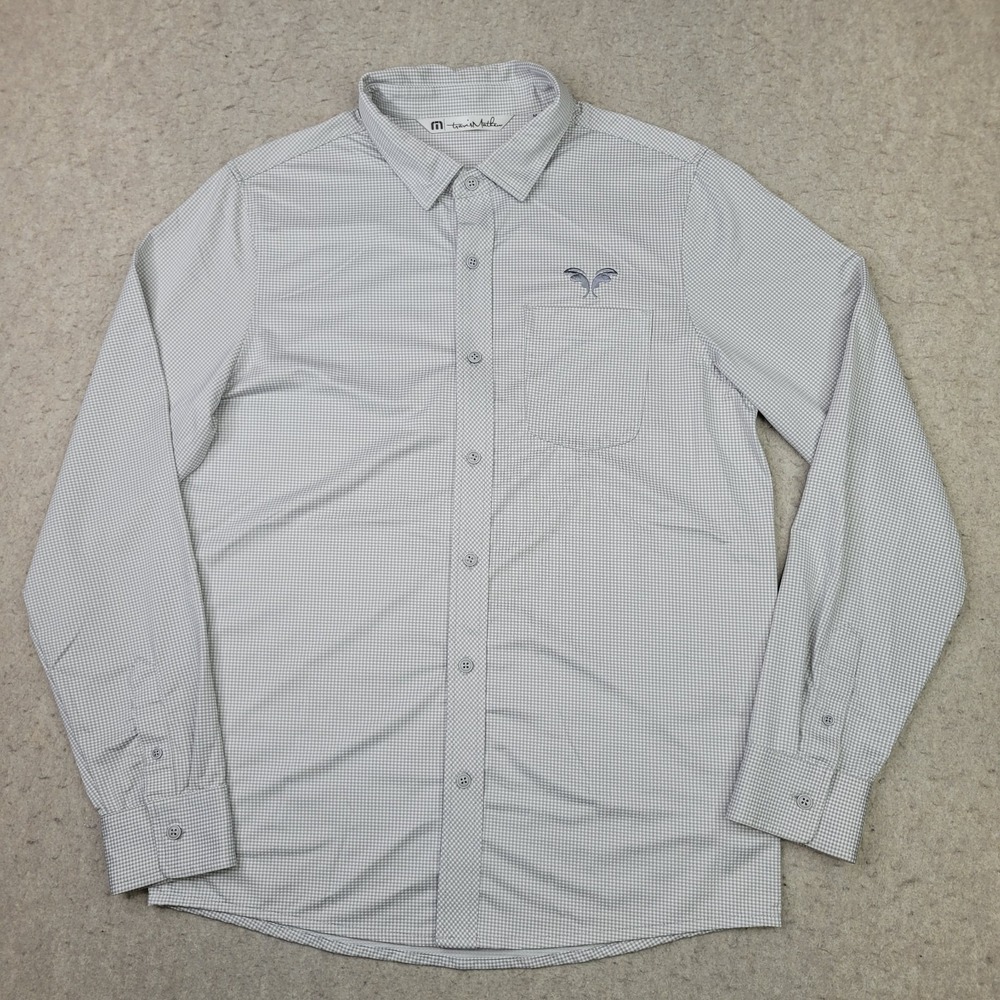 Travis Mathew Shirt Mens Medium Gray Check Button Up Long Sleeve Stretch Logo